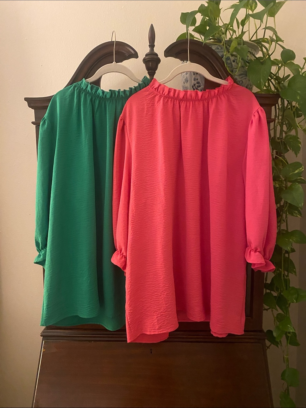 entro Green and Pink Ruffled-Neck Tunic Tops